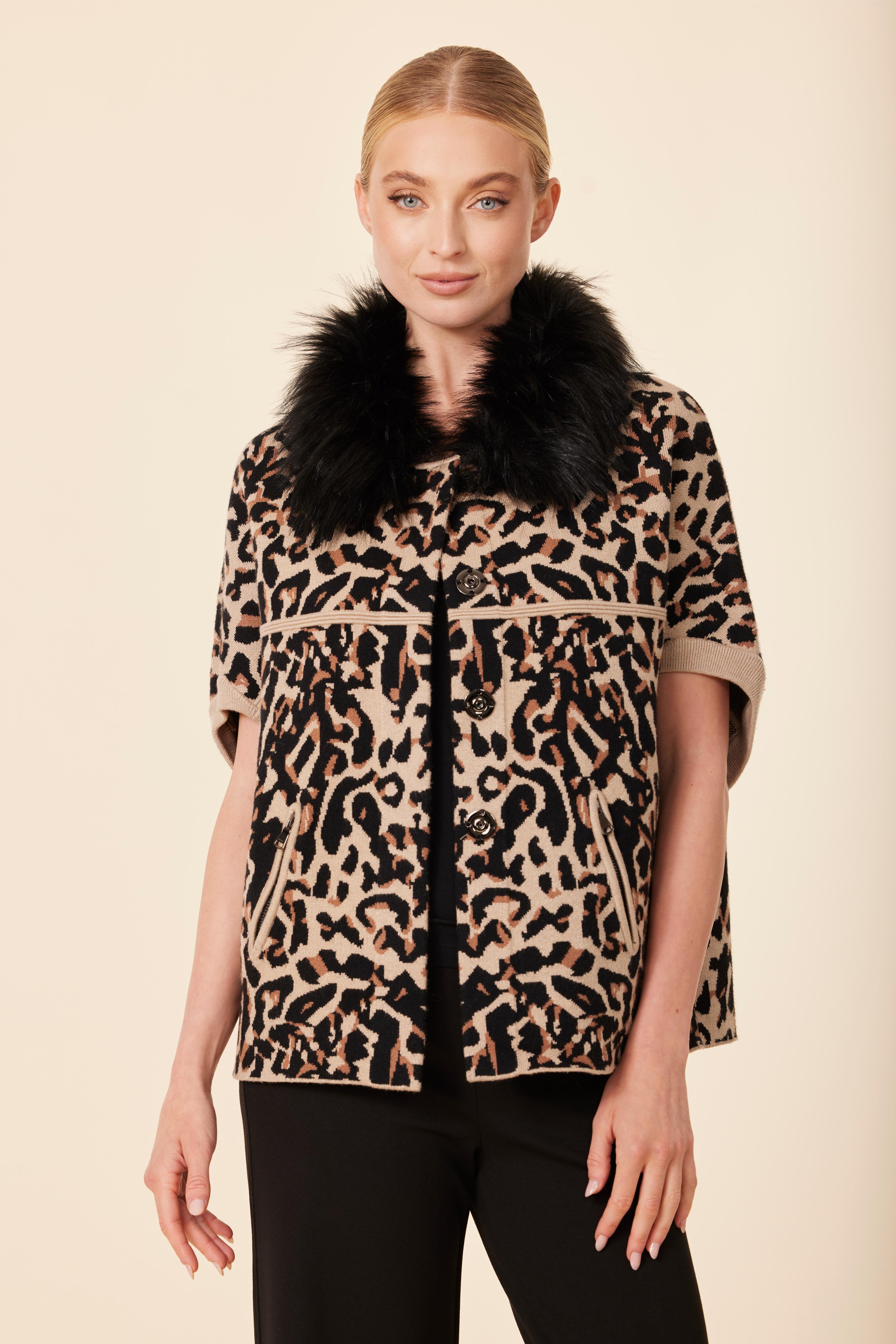 Animal Print Faux Fur Trimmed Cocoon Cardigan